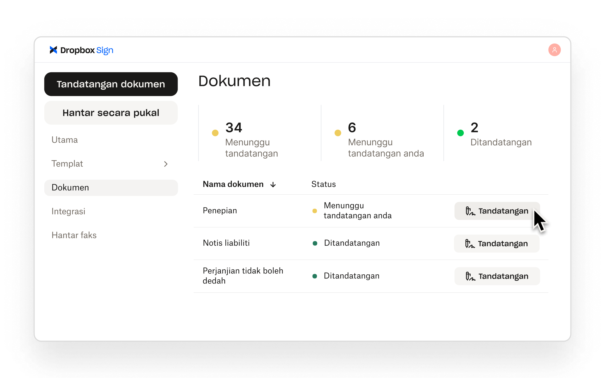 Dropbox Sign menyusun dokumen mengikut status tandatangan dan membolehkan pengguna membuka dokumen untuk ditandatangani.