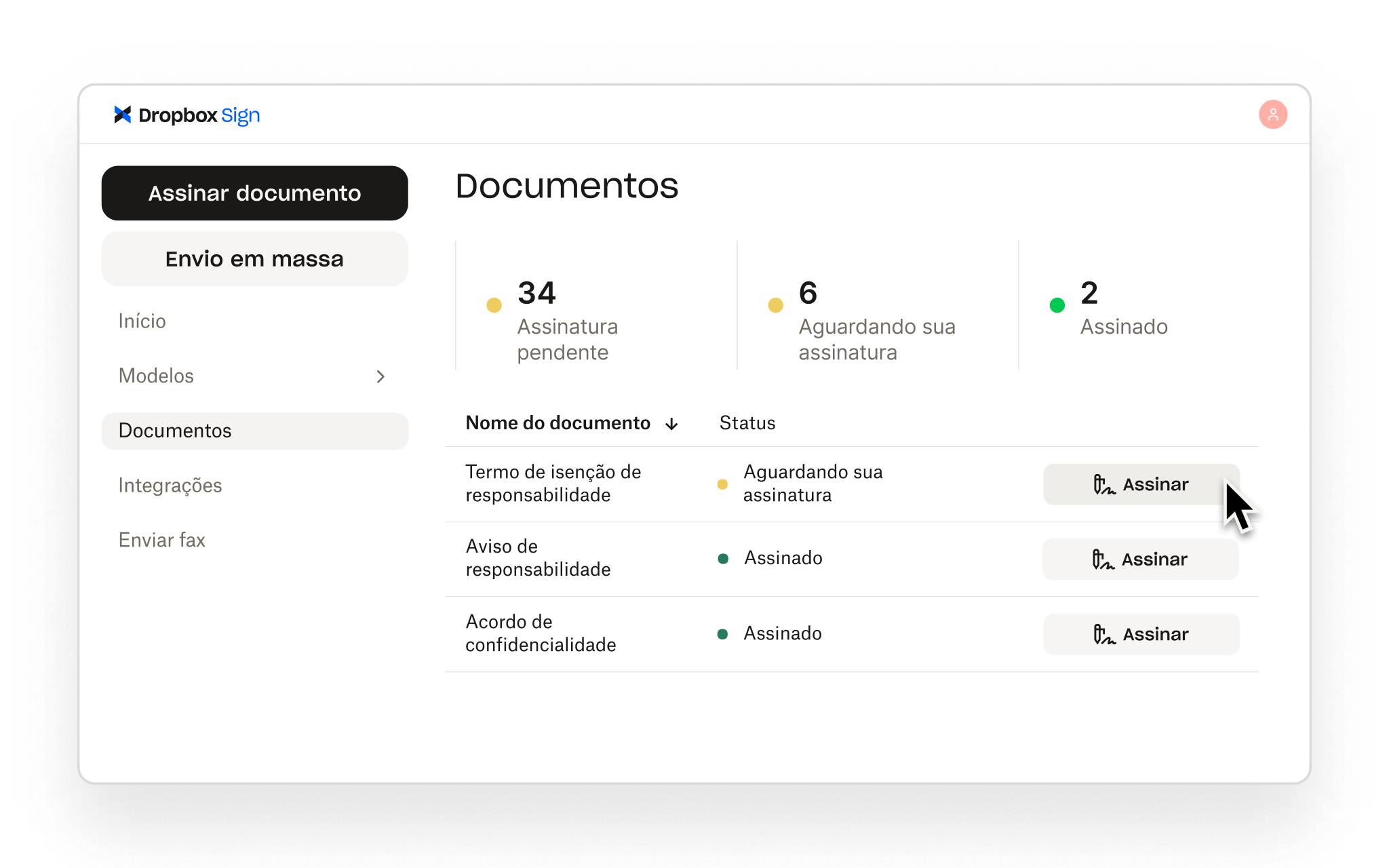 O Dropbox Sign organiza os documentos por status de assinatura e permite que os usuários abram documentos para assinar.