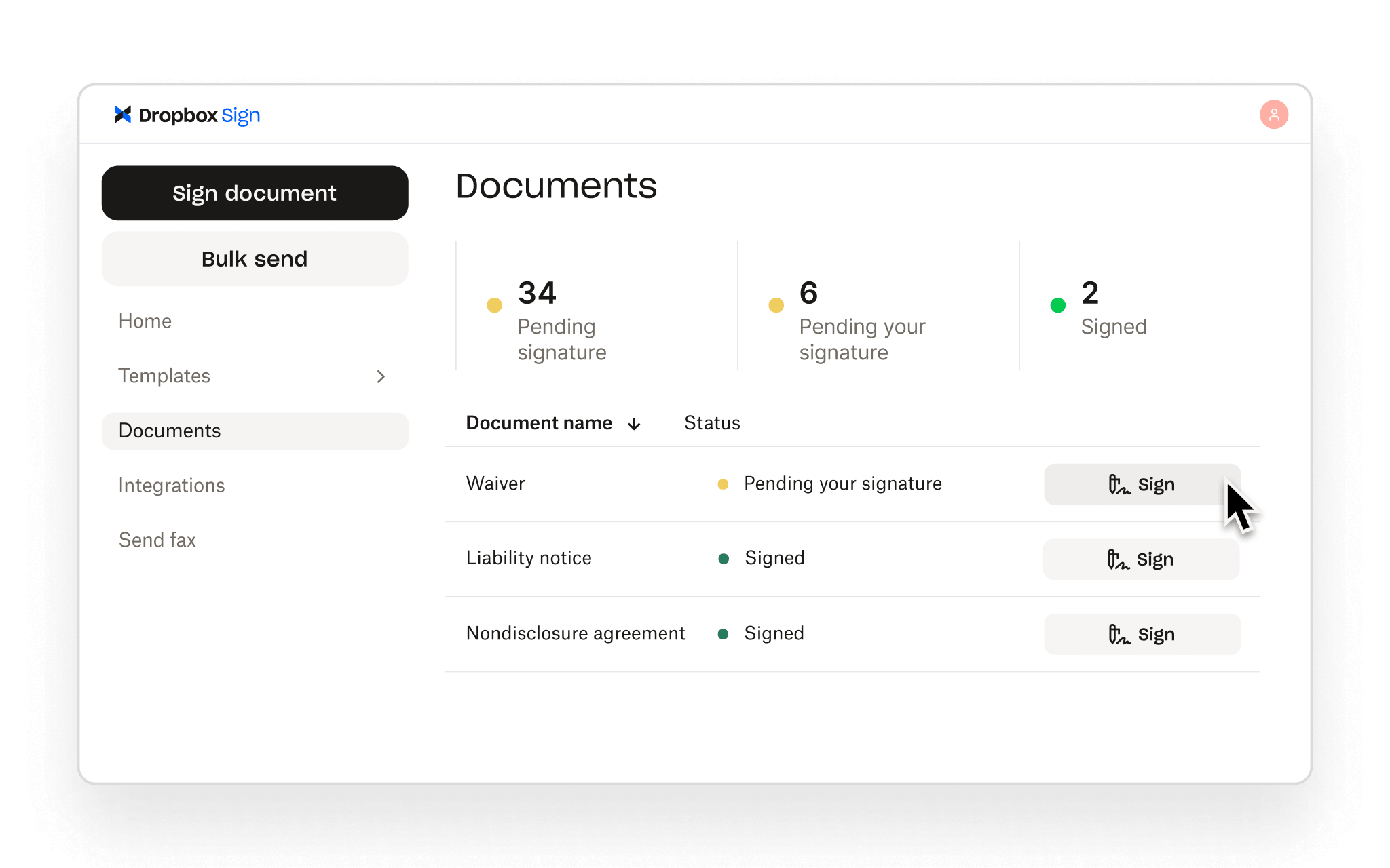 Dropbox Sign organizes documents by signature status and lets users open documents to sign.