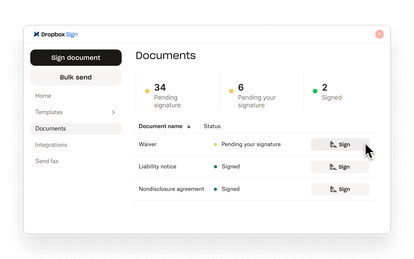 Dropbox Sign organizes documents by signature status and lets users open documents to sign.
