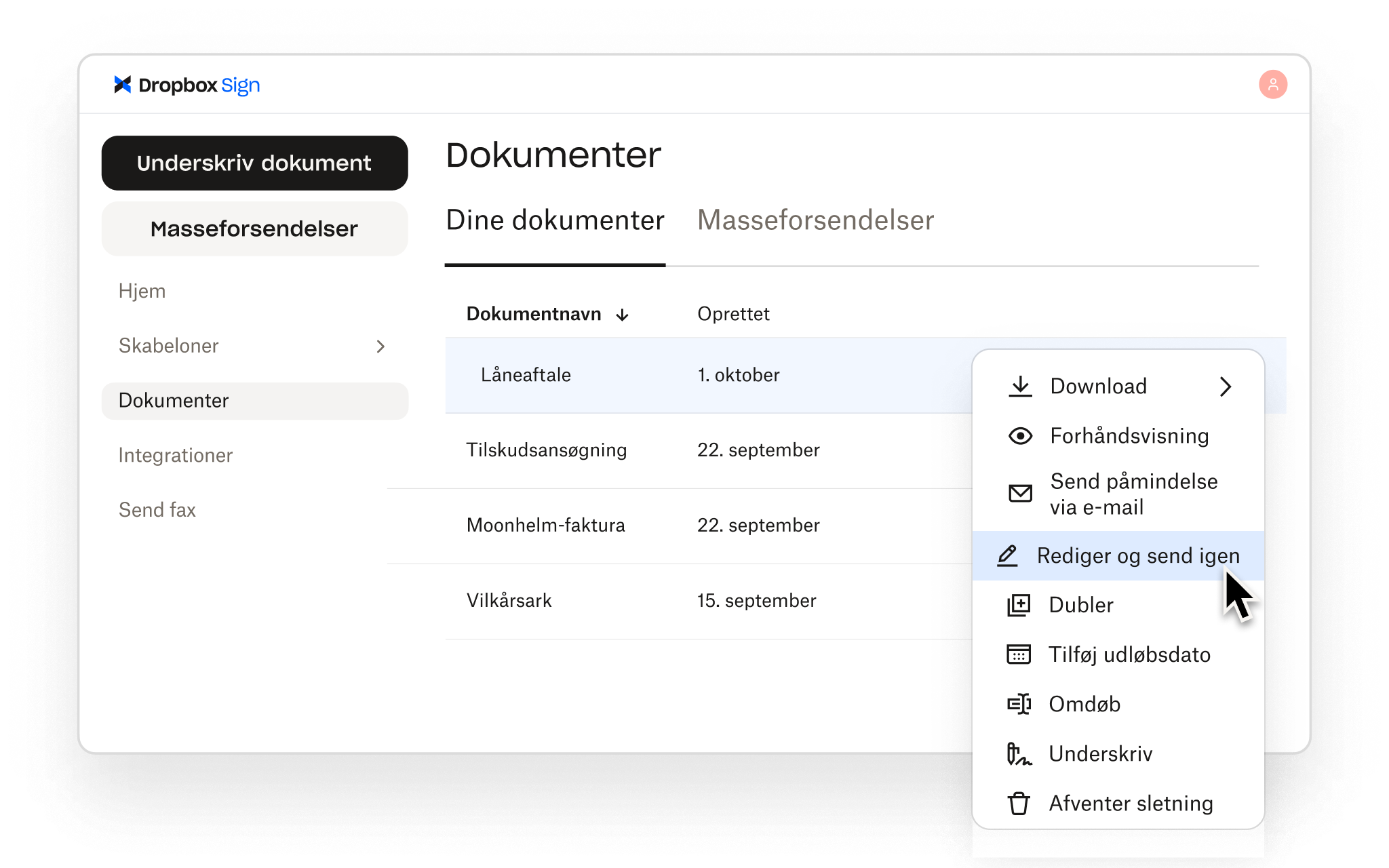 Med Dropbox Sign kan brugere administrere dokumenter med mulighed for at redigere, sende igen, forhåndsvise, downloade, underskrive og meget mere.