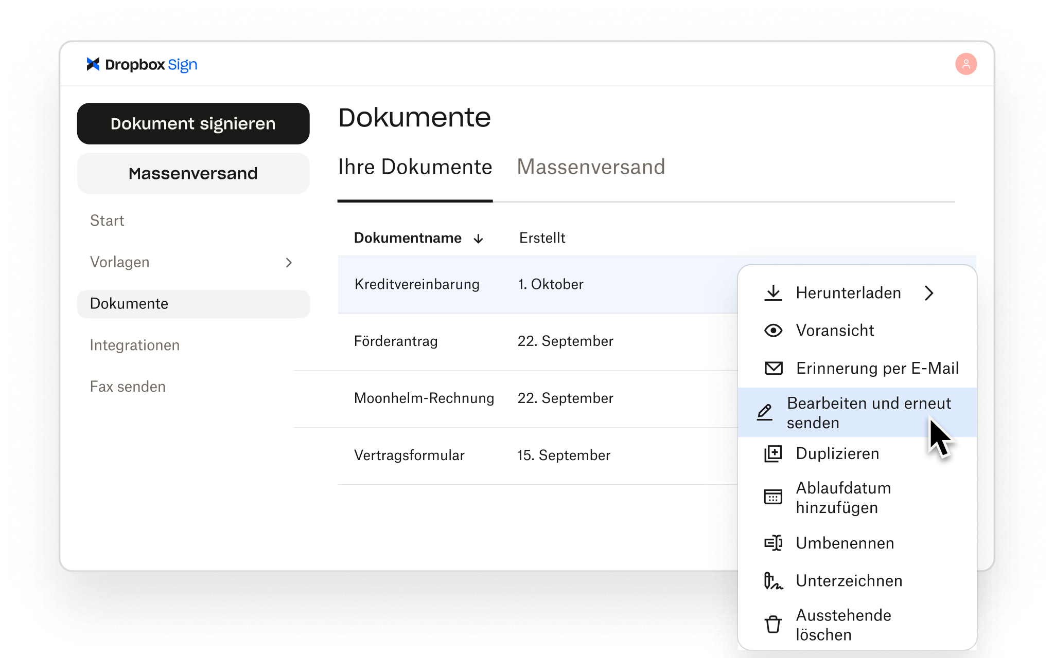 Mit Dropbox Sign können Nutzer Dokumente verwalten – mit Optionen zum Bearbeiten, erneuten Senden, Vorschau anzeigen, Herunterladen, Unterzeichnen und mehr.
