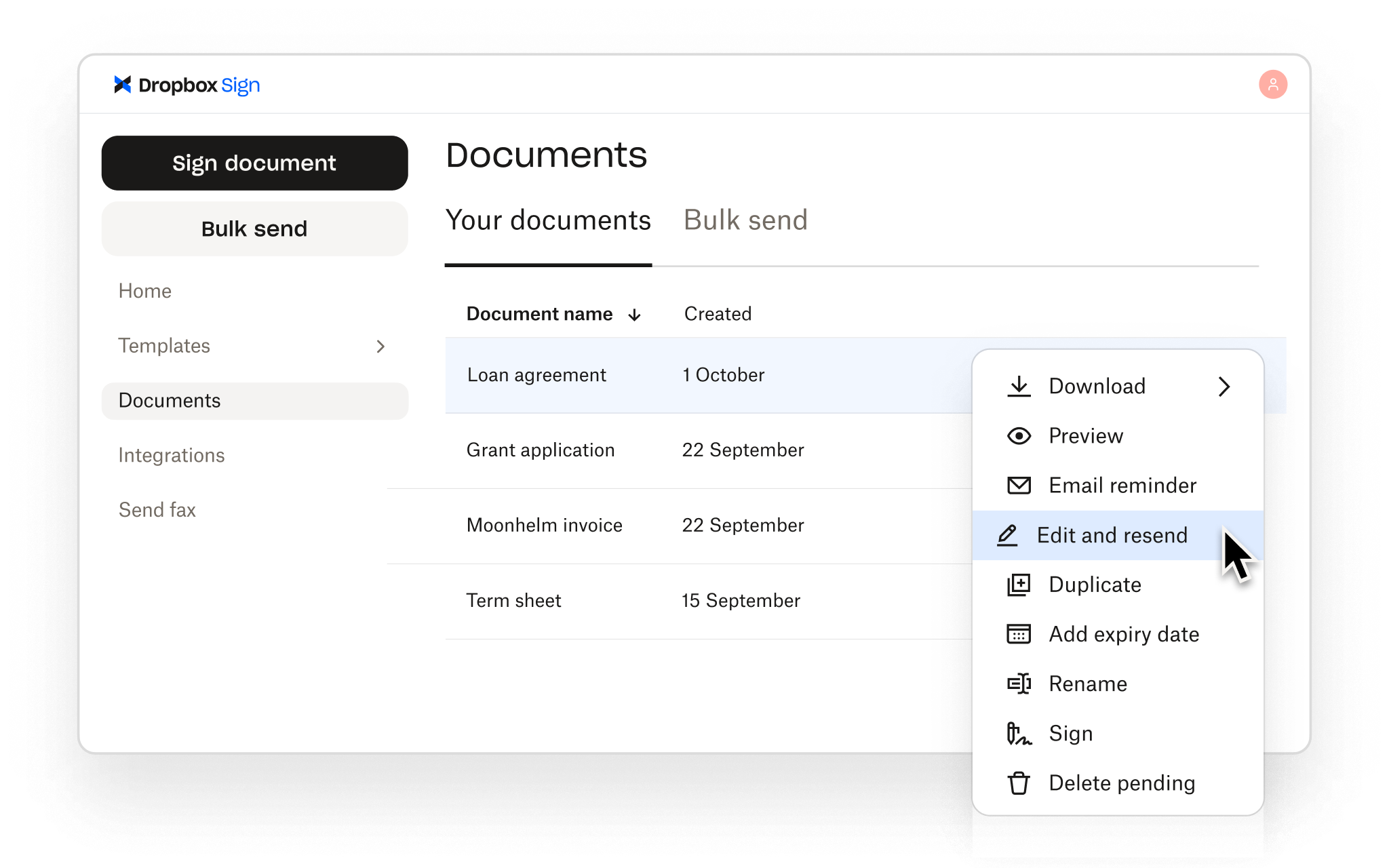 Dropbox Sign lets users manage documents with options to edit, resend, preview, download, sign, and more.