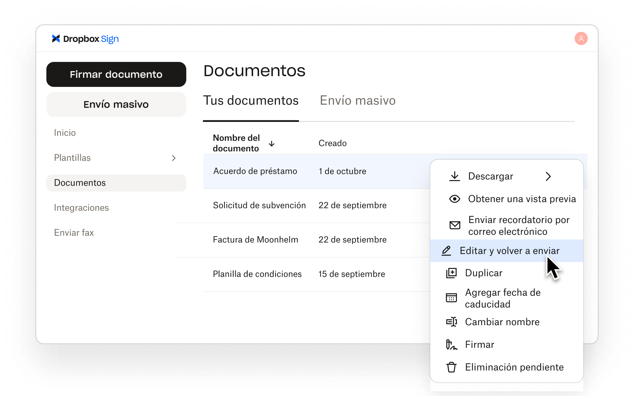 Dropbox Sign permite a los usuarios administrar documentos con opciones para editar, reenviar, obtener una vista previa, descargar, firmar y mucho más.