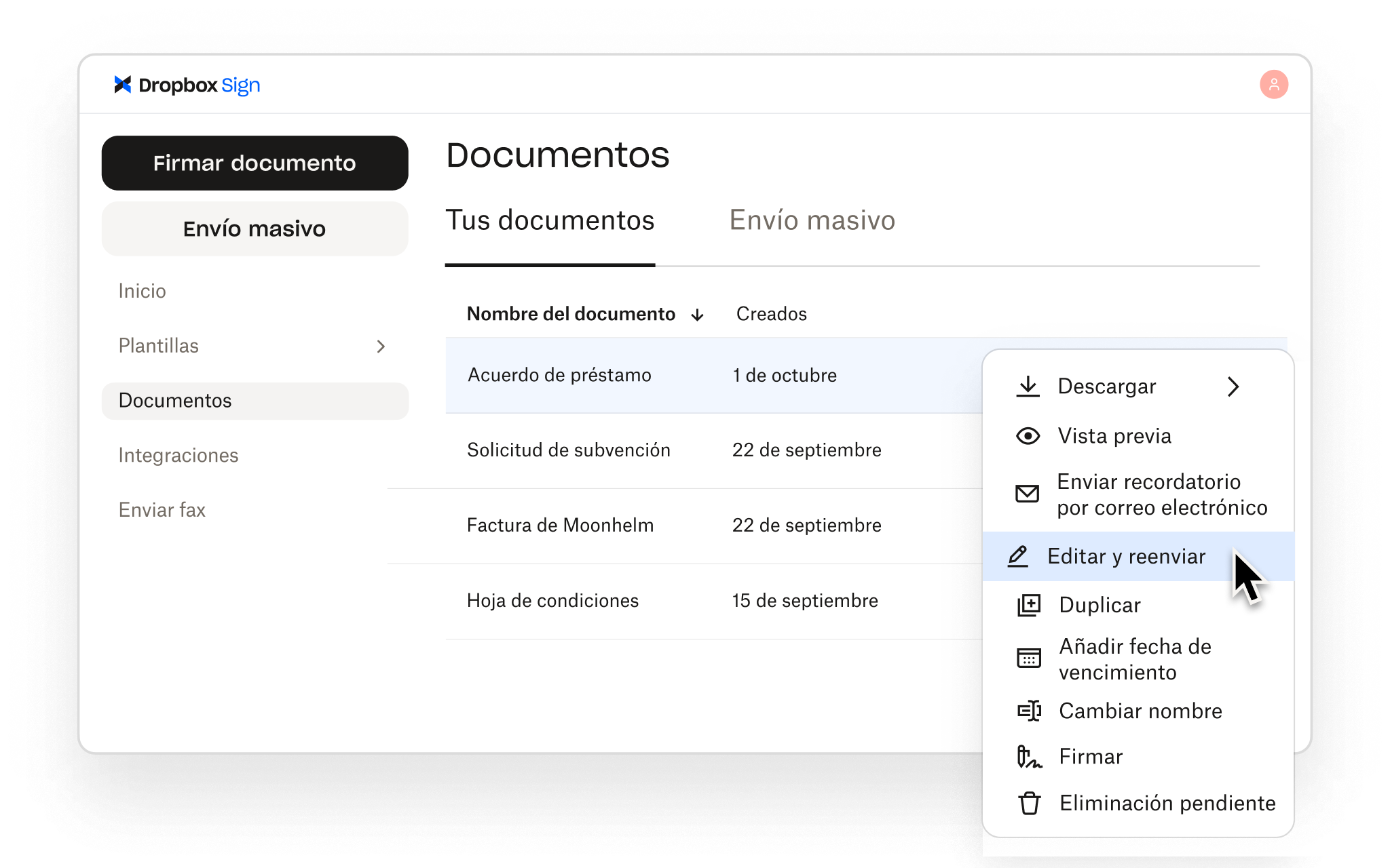 Dropbox Sign permite a los usuarios gestionar los documentos con opciones para editar, reenviar, previsualizar, descargar, firmar y mucho más.