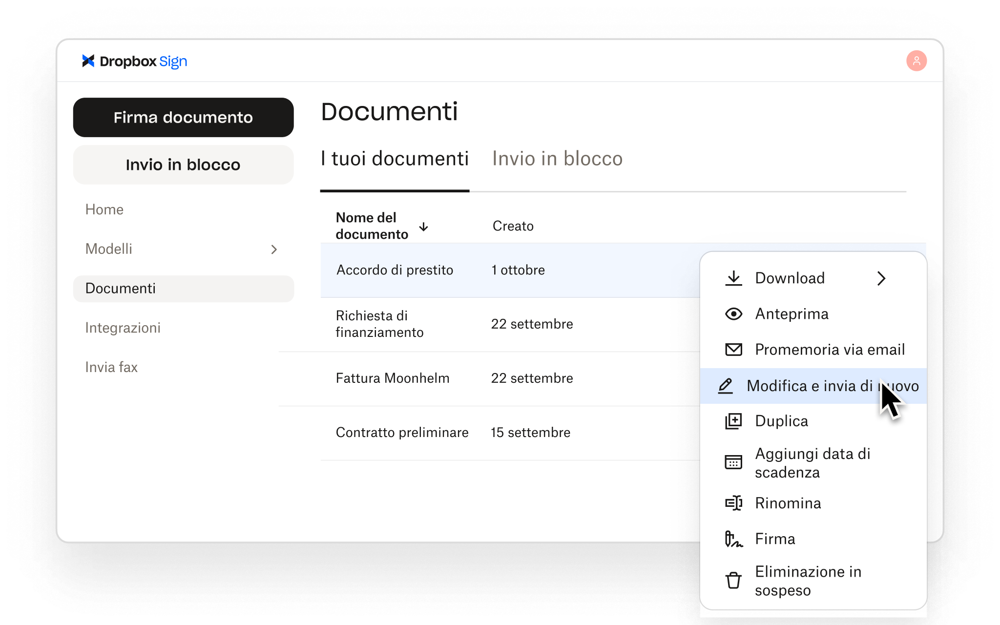 Dropbox Sign consente agli utenti di gestire i documenti con opzioni per modificare, inviare di nuovo, visualizzare l'anteprima, scaricare, firmare e altro ancora.