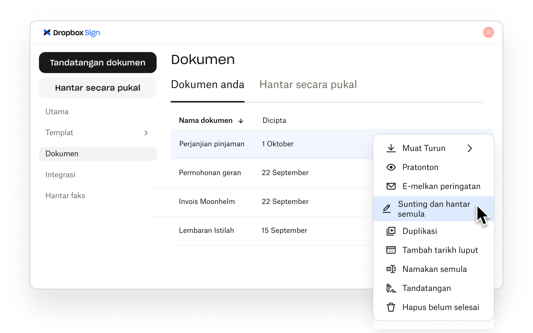 Dropbox Sign membolehkan pengguna mengurus dokumen dengan pilihan untuk Sunting, menghantar semula, pratonton, memuat turun, tandatangan dan banyak lagi.