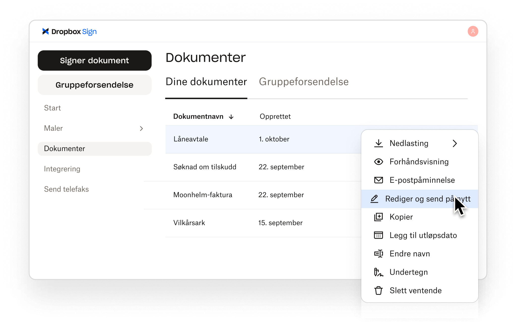 Med Dropbox Sign kan brukere administrere dokumenter med alternativer for å redigere, sende på nytt, forhåndsvise, laste ned, skrive under og mer.