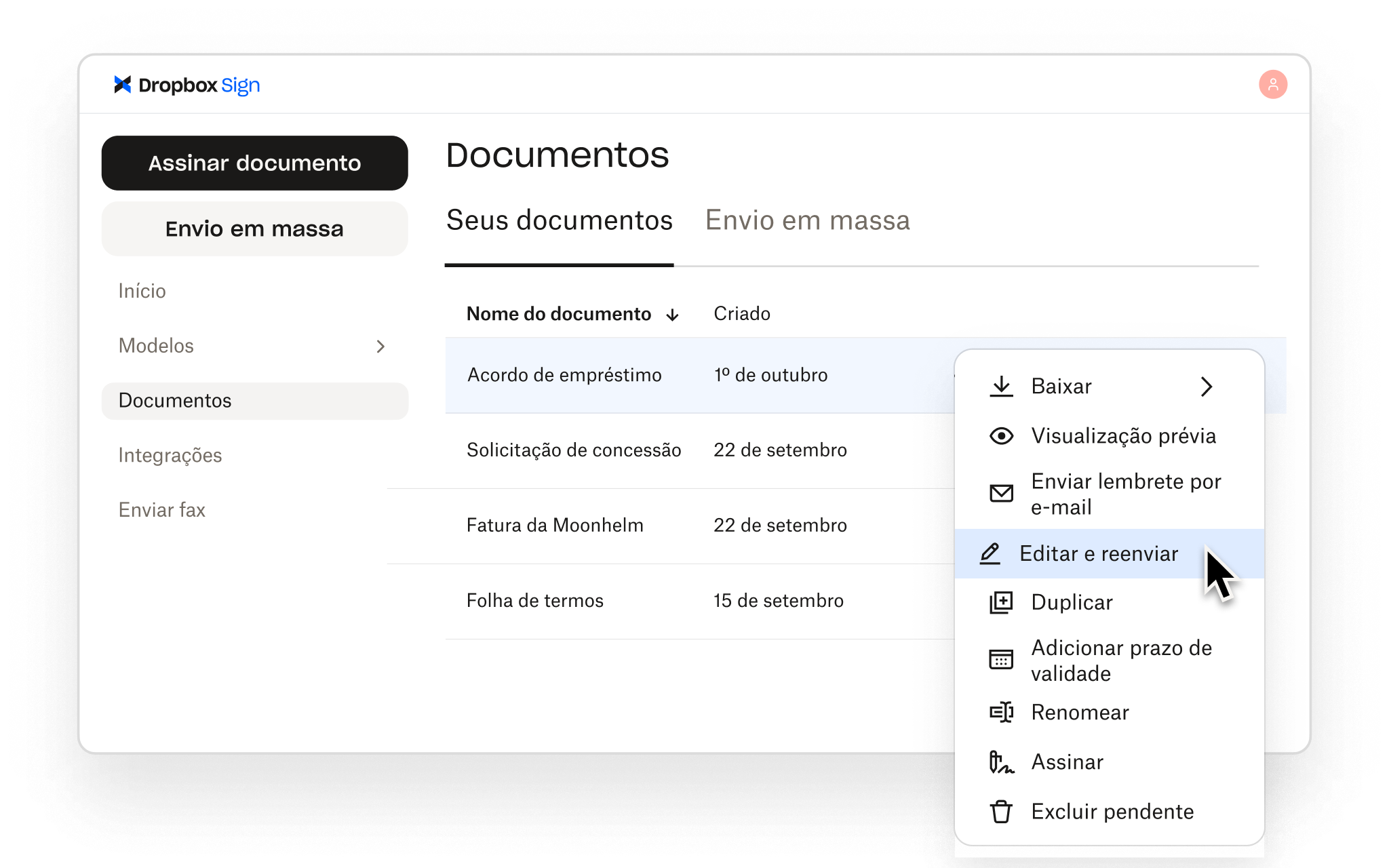 O Dropbox Sign permite que os usuários gerenciem documentos com opções para editar, reenviar, visualizar, baixar, assinar e muito mais.