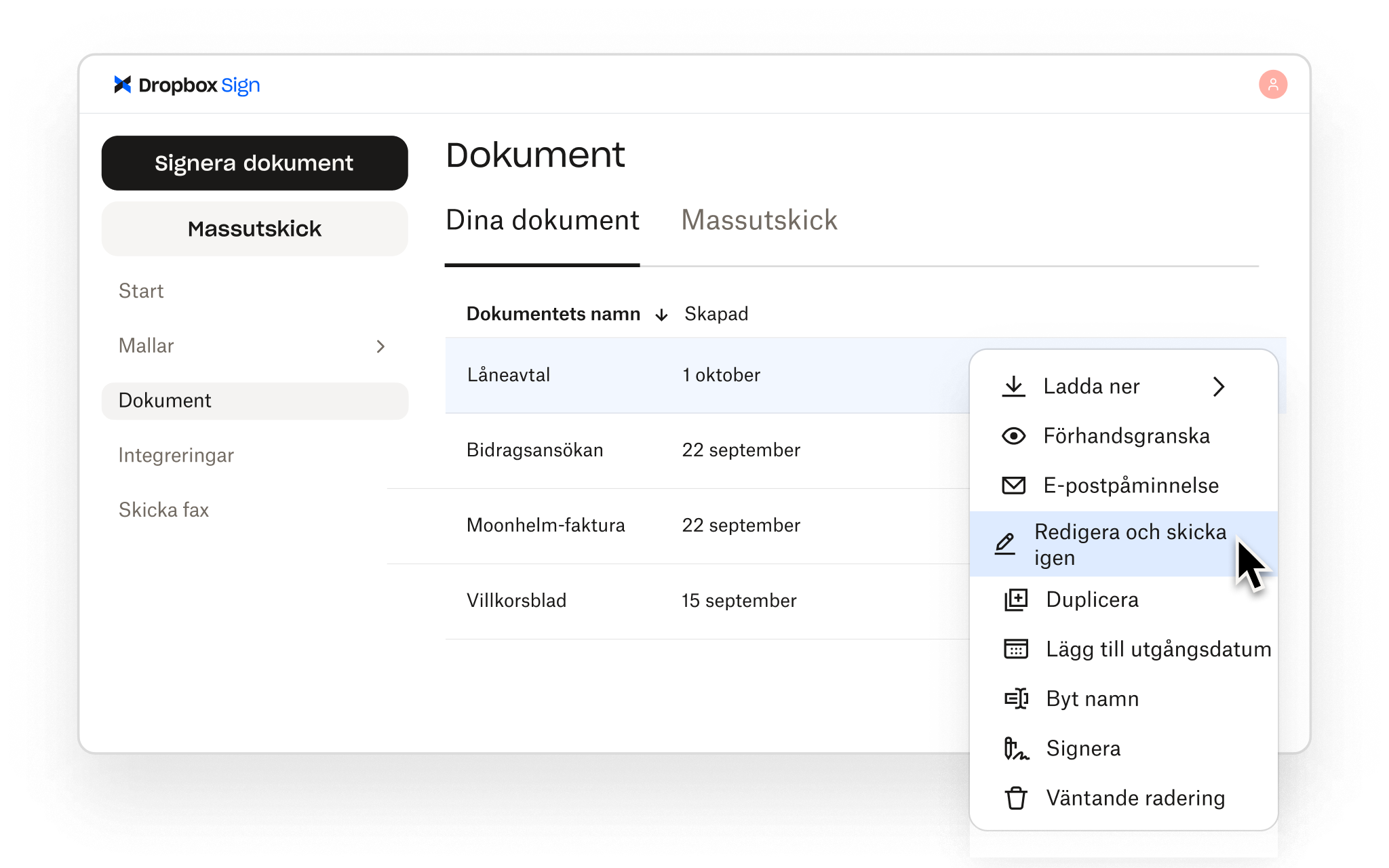 Med Dropbox Sign kan användare hantera dokument med möjlighet att redigera, skicka igen, förhandsgranska, ladda ned, skriva under med mera.