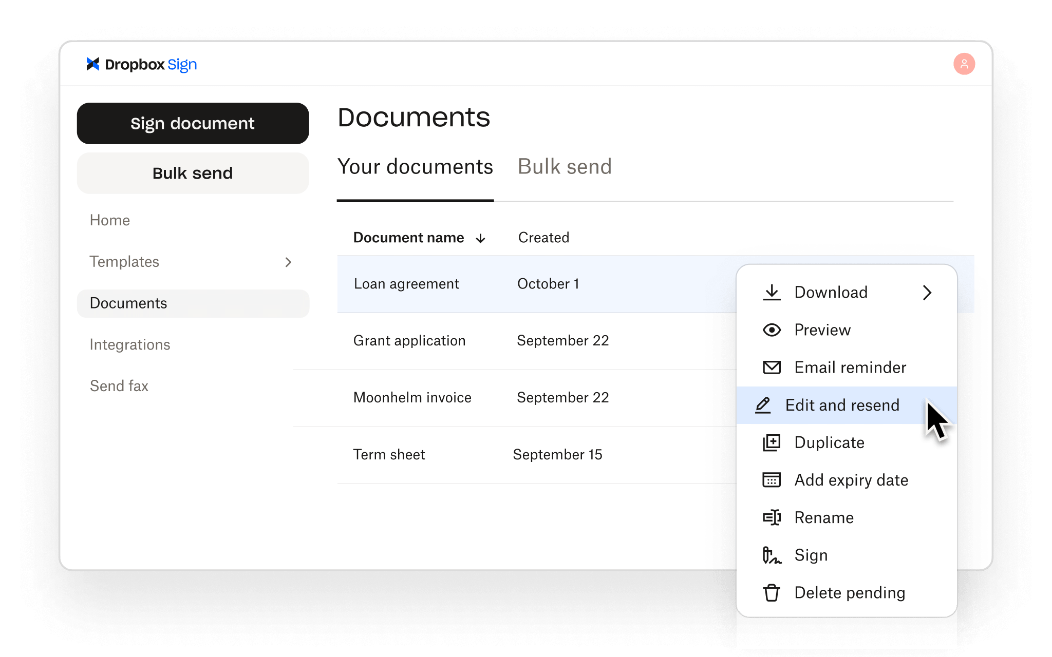 Dropbox Sign lets users manage documents with options to edit, resend, preview, download, sign, and more.
