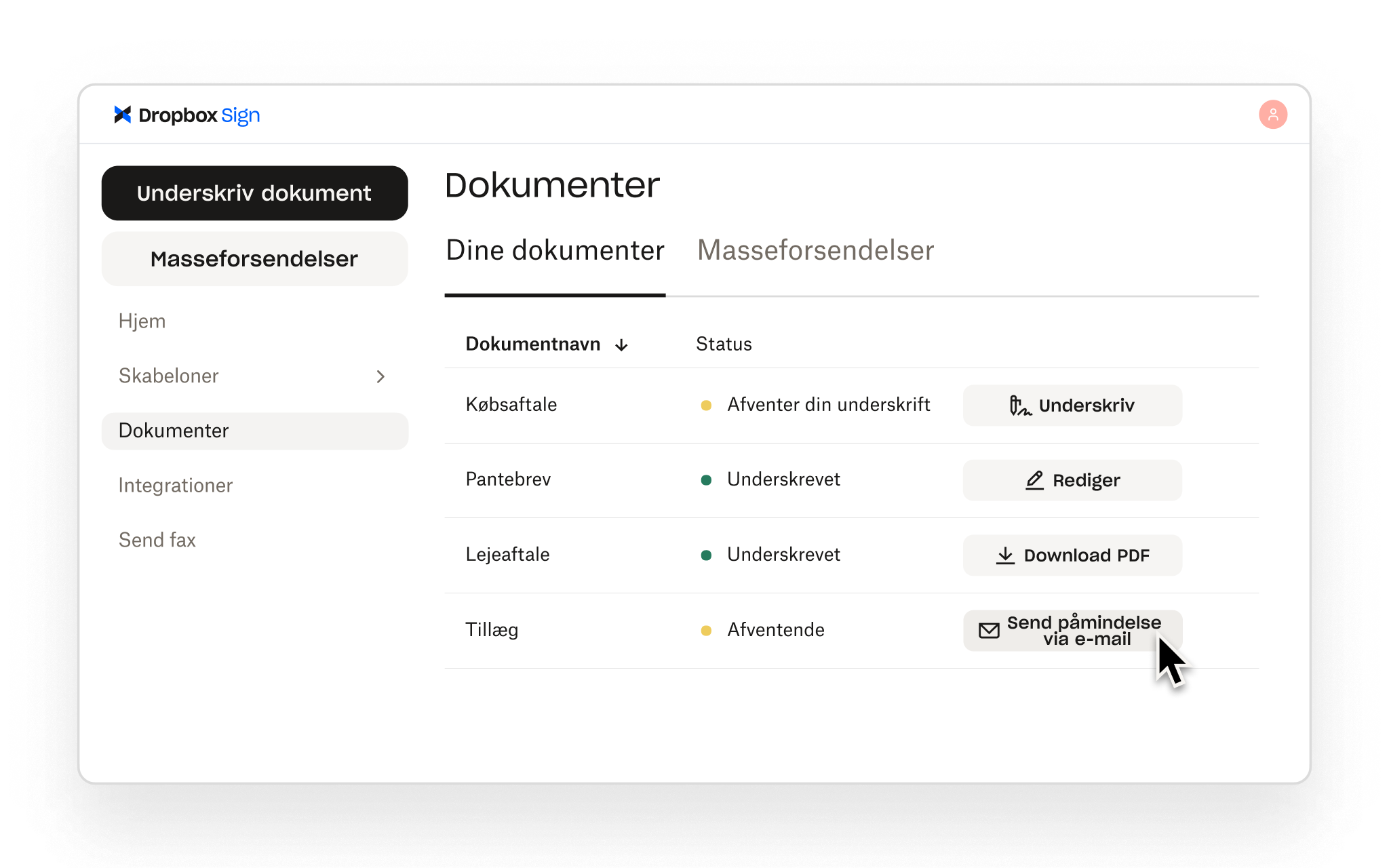 Dropbox Sign viser underskrevne og afventende dokumenter med handlinger til at underskriv, Rediger, downloade eller sende en påmindelse via e-mail.