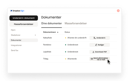 Dropbox Sign viser underskrevne og afventende dokumenter med handlinger til at underskriv, Rediger, downloade eller sende en påmindelse via e-mail.