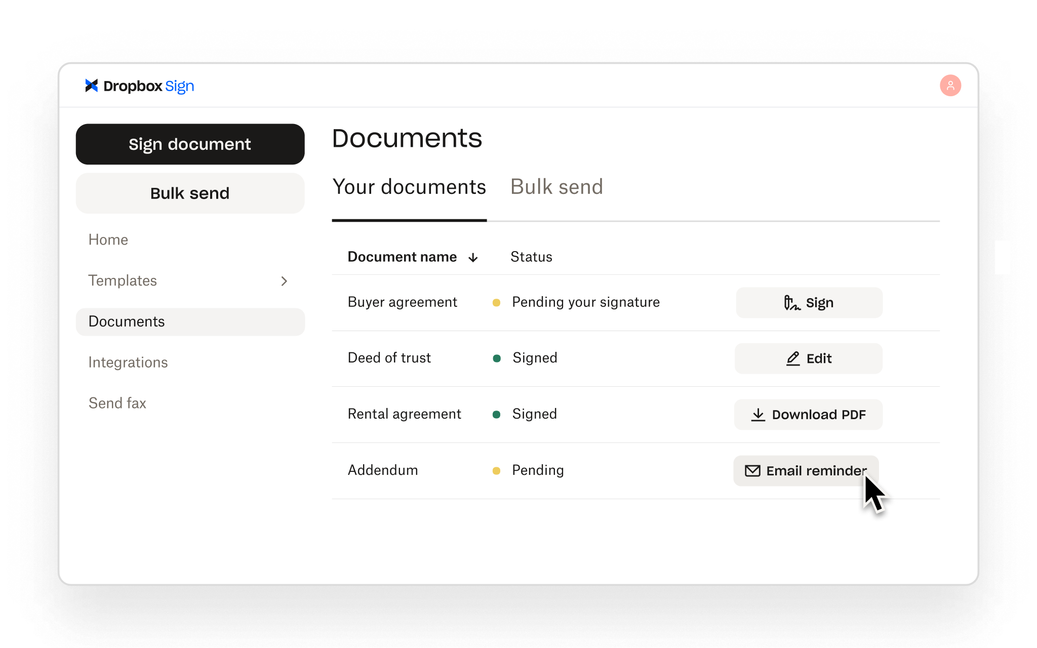 Dropbox Sign shows signed and pending documents, with actions to sign, edit, download, or email a reminder.