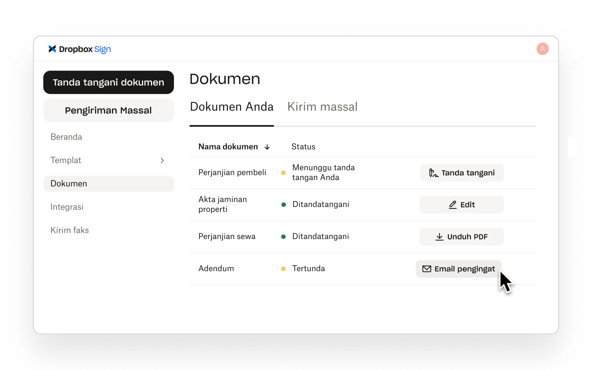 Dropbox Sign menampilkan dokumen yang telah ditandatangani dan yang tertunda, dengan tindakan untuk menandatangani, mengedit, mengunduh, atau mengirim pengingat melalui email.