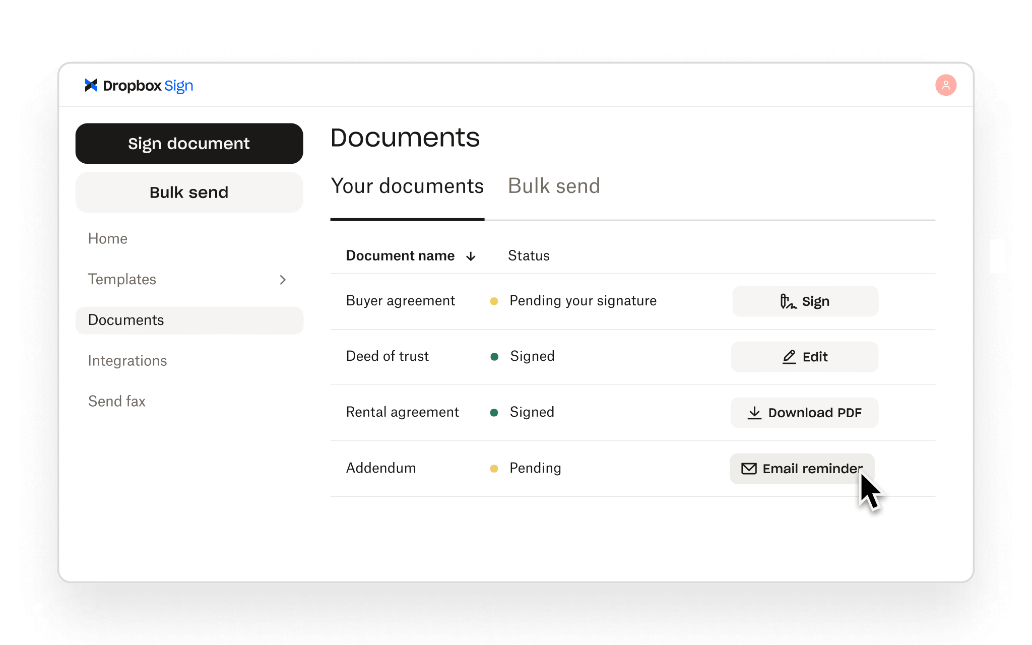 Dropbox Sign shows signed and pending documents, with actions to sign, edit, download, or email a reminder.