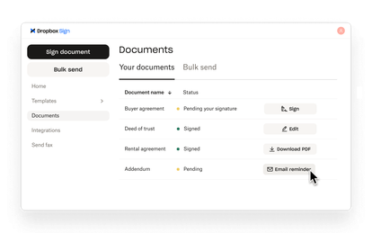 Dropbox Sign shows signed and pending documents, with actions to sign, edit, download, or email a reminder.