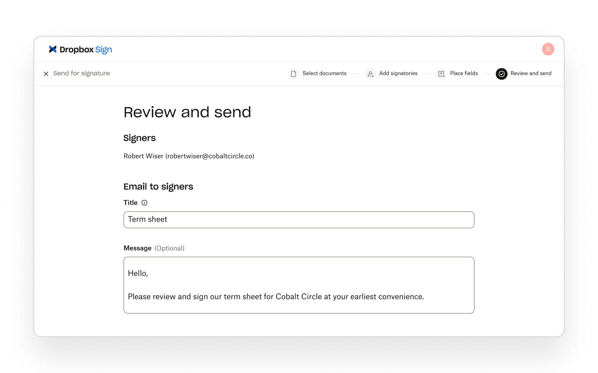 Dropbox Sign lets users review signer details and add a custom email message before sending a document for signature.