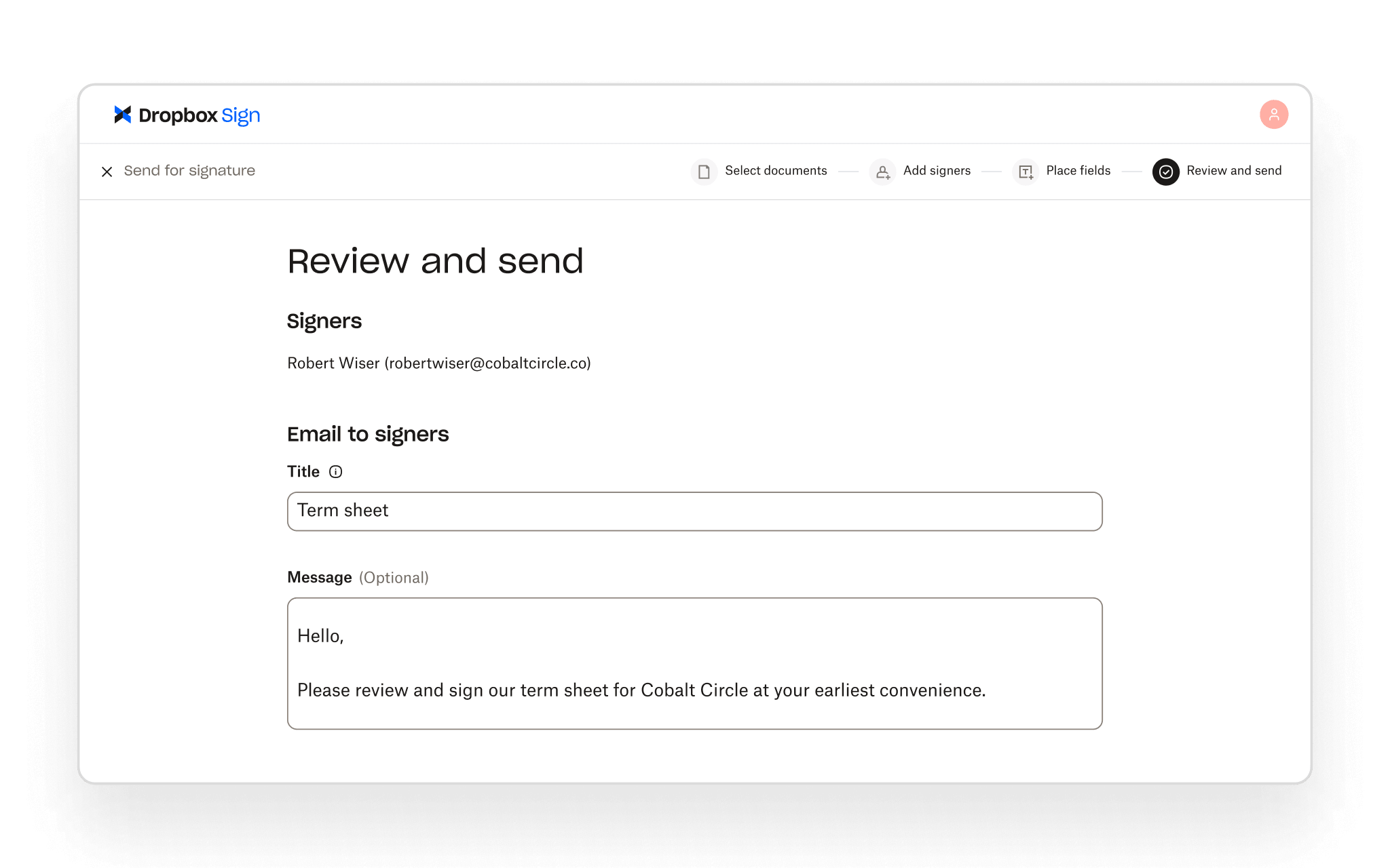 Dropbox Sign lets users review signer details and add a custom email message before sending a document for signature.