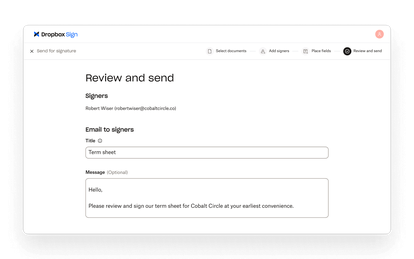 Dropbox Sign lets users review signer details and add a custom email message before sending a document for signature.