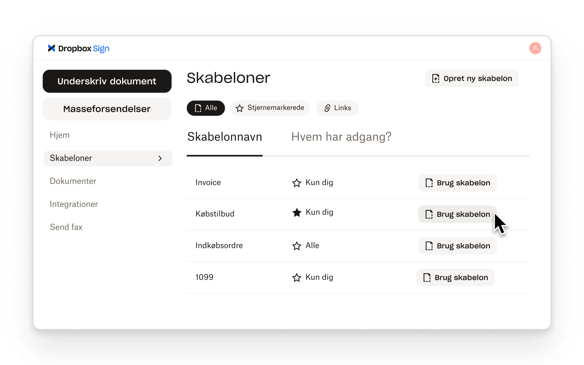 Med Dropbox Sign kan brugere oprette genanvendelige skabeloner til almindelige underskriftsworkflows, hver med egne adgangskontroller.