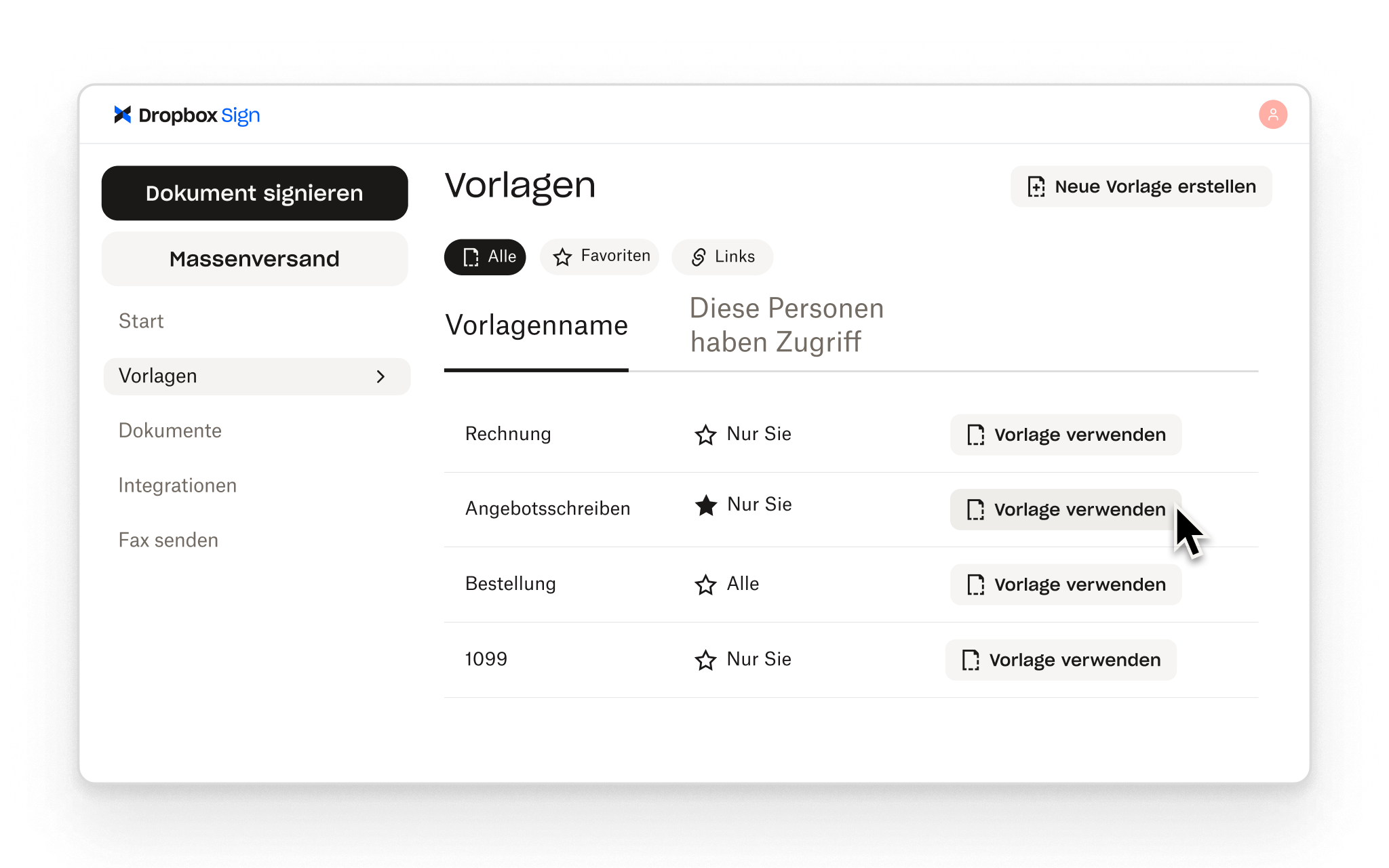 Mit Dropbox Sign können Nutzer wiederverwendbare Vorlagen für gängige Signatur-Workflows erstellen, jeweils mit eigenen Zugriffskontrollen.