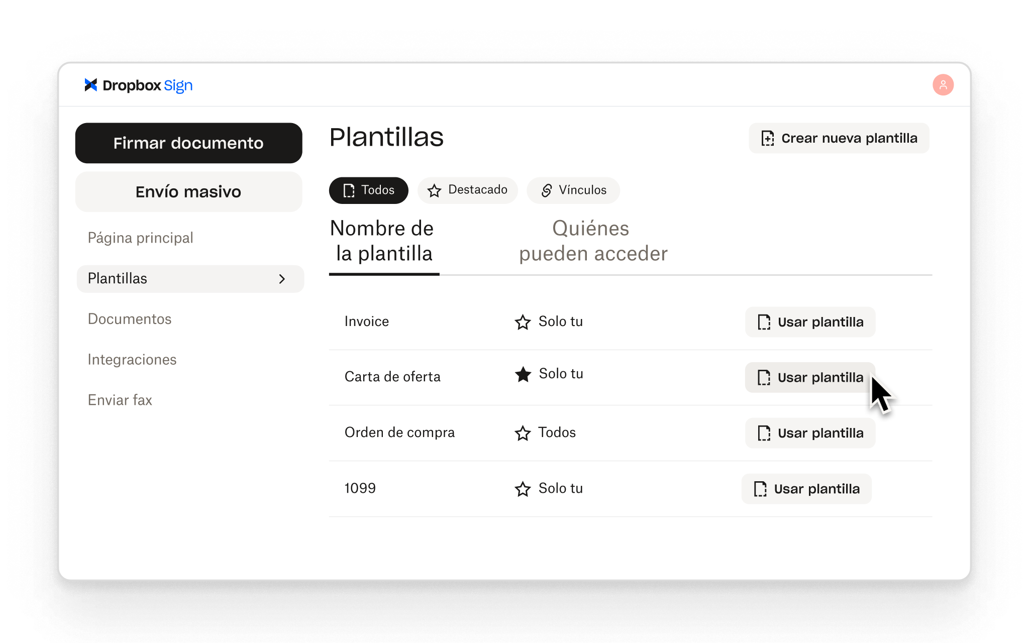 Dropbox Sign permite a los usuarios crear plantillas reutilizables para flujos de trabajo de firma habituales, con controles de acceso para cada una.