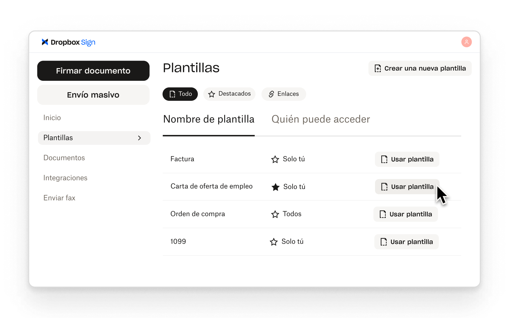Dropbox Sign permite a los usuarios crear plantillas reutilizables para los flujos de firma habituales, con controles de acceso para cada una.