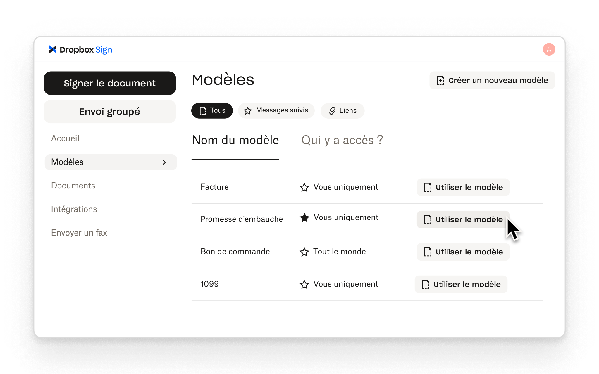 Dropbox Sign permet aux utilisateurs de créer des modèles réutilisables pour les processus de signature courants, avec des contrôles d'accès pour chacun.