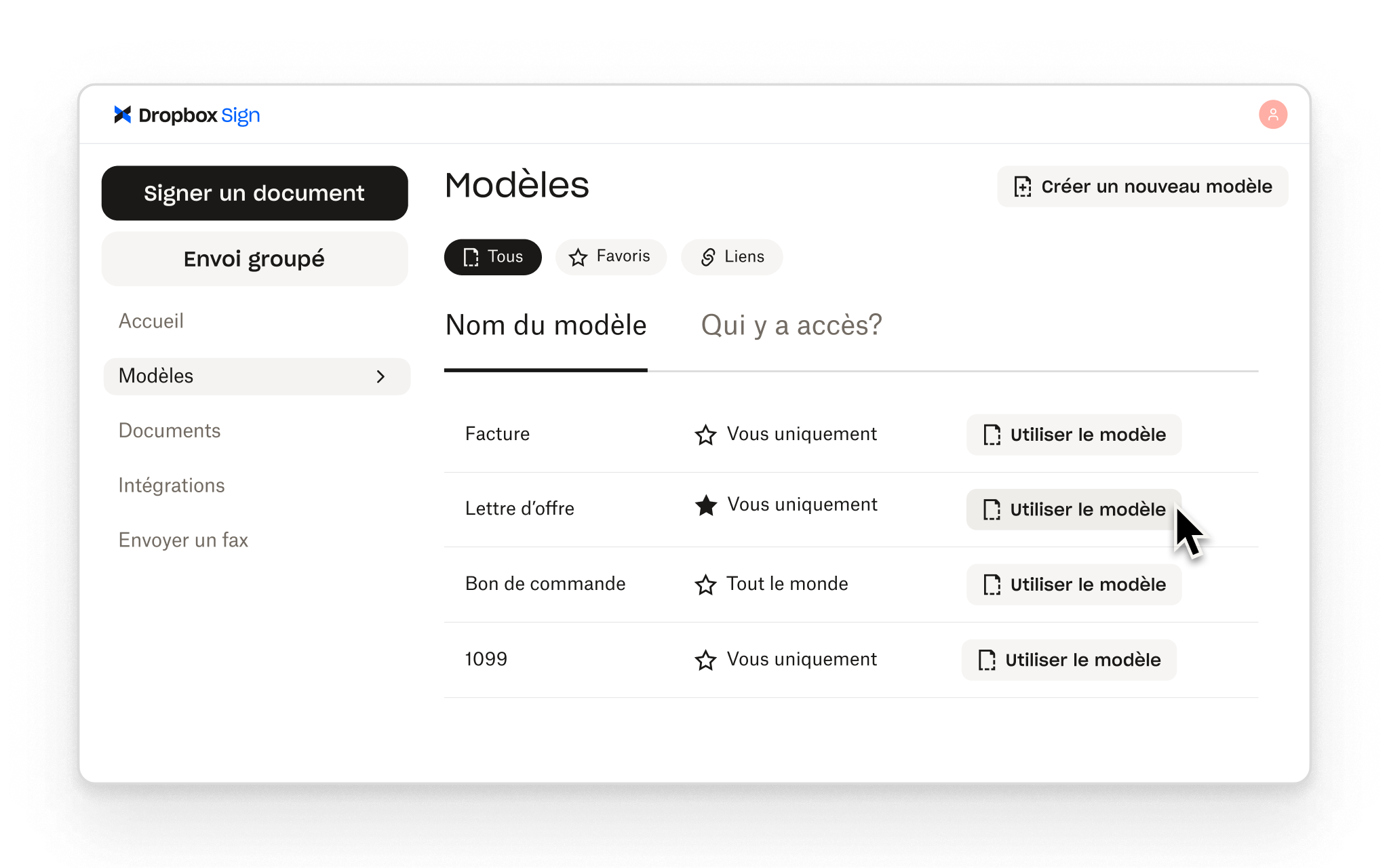 Dropbox Sign permet aux utilisateurs de créer des modèles réutilisables pour les flux de travail de signature courants, avec des contrôles d'accès pour chacun.