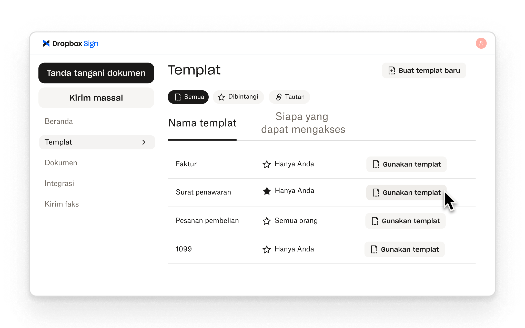 Dropbox Sign memungkinkan pengguna membuat templat yang dapat digunakan kembali untuk alur kerja tanda tangan umum, lengkap dengan kontrol akses untuk masing-masing.