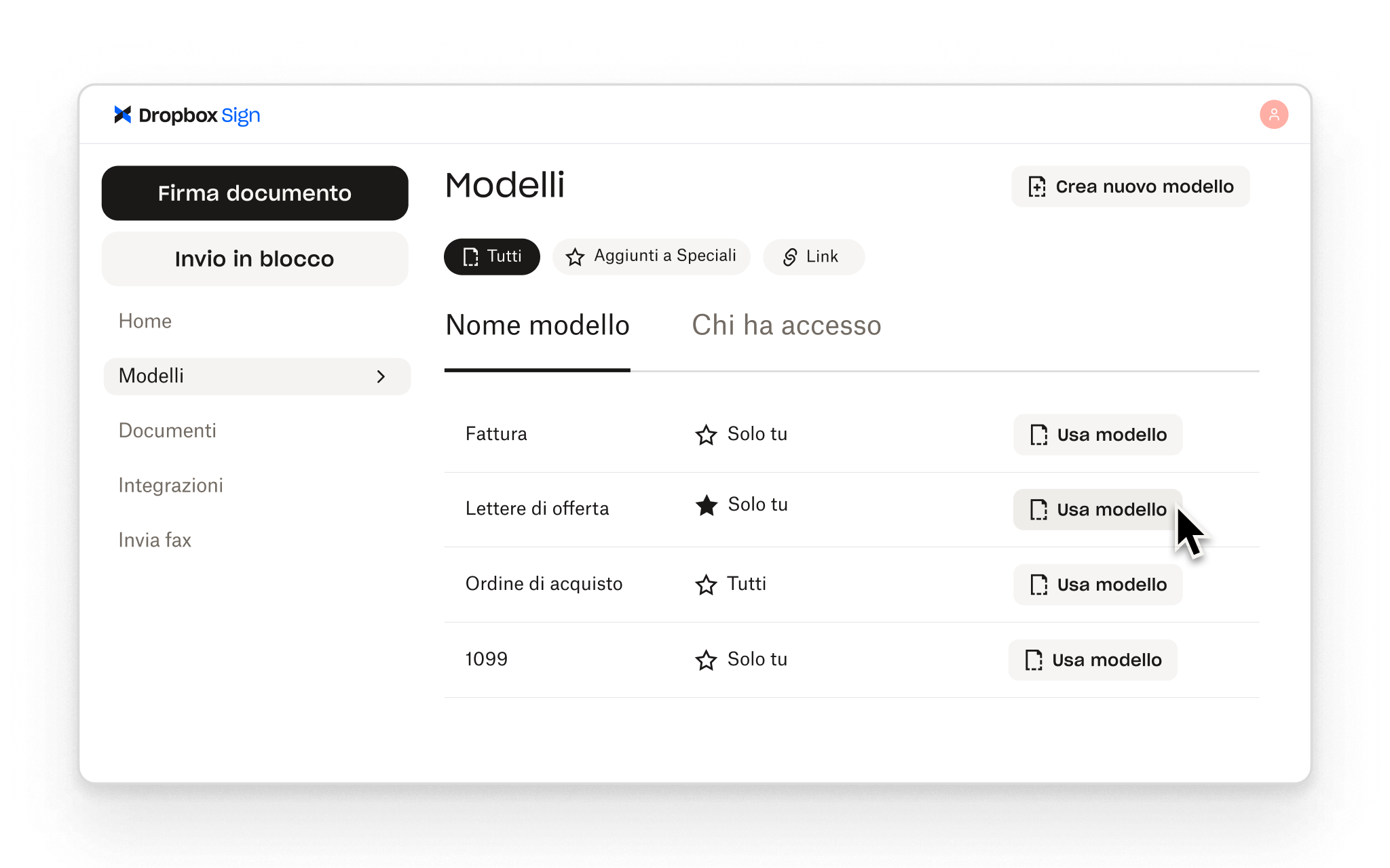 Dropbox Sign consente agli utenti di creare modelli riutilizzabili per i flussi di lavoro di firma più comuni, con controlli di accesso per ciascuno.
