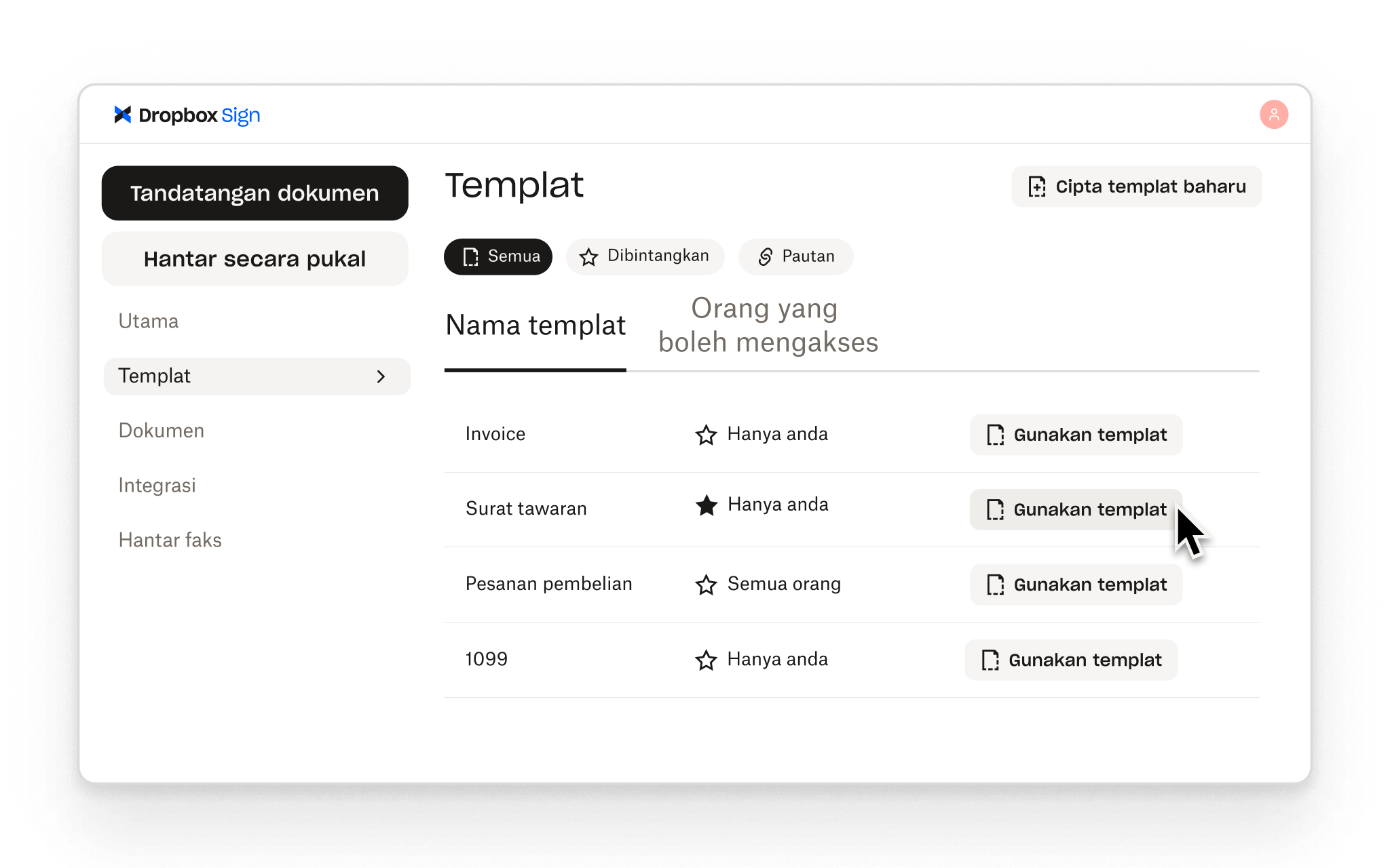 Dropbox Sign membolehkan pengguna mencipta templat boleh guna semula untuk aliran kerja tandatangan yang lazim, dengan kawalan akses bagi setiap satu.