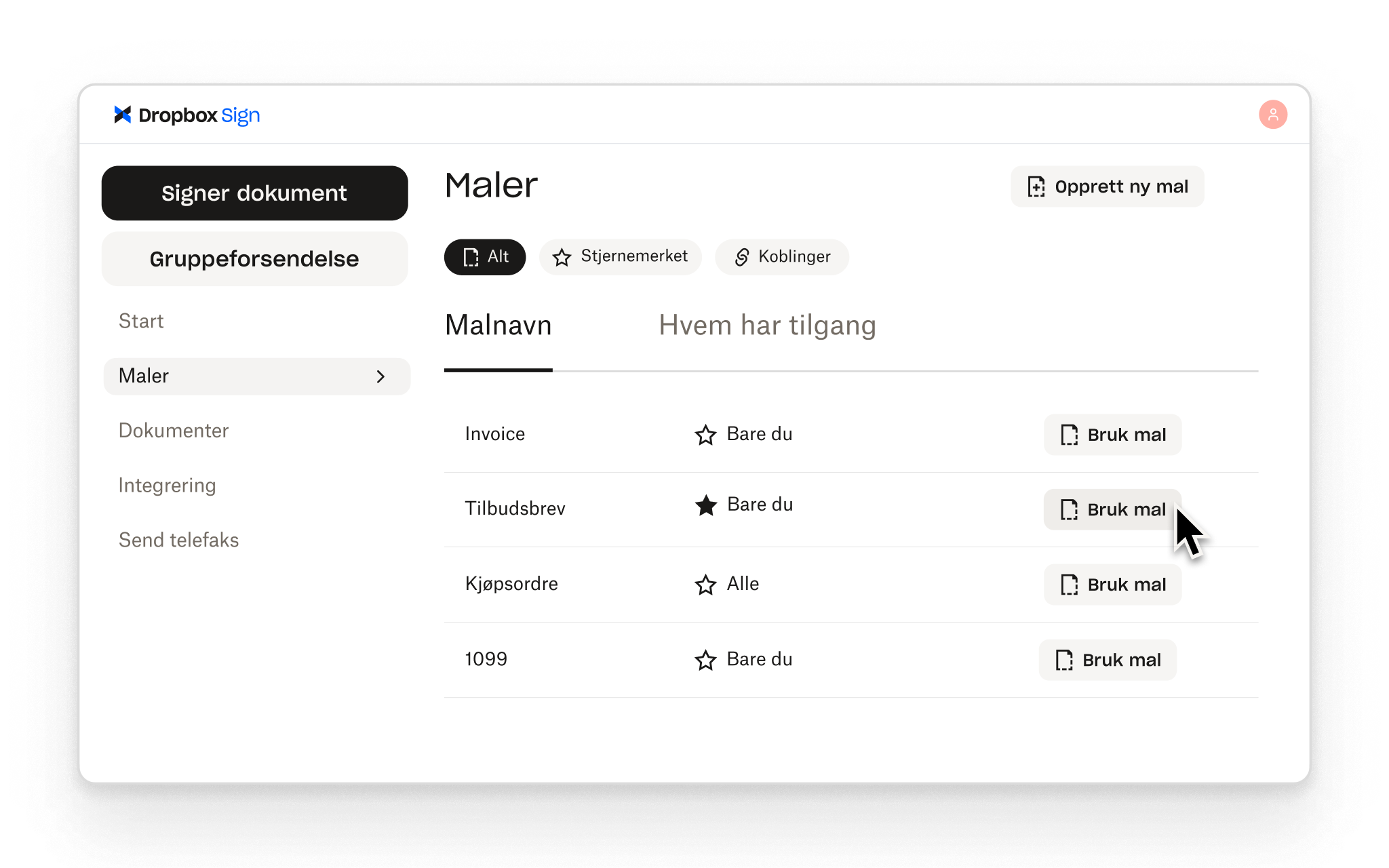 Med Dropbox Sign kan brukere opprette gjenbrukbare maler for vanlige underskriftsarbeidsflyter, med egne tilgangskontroller for hver av dem.