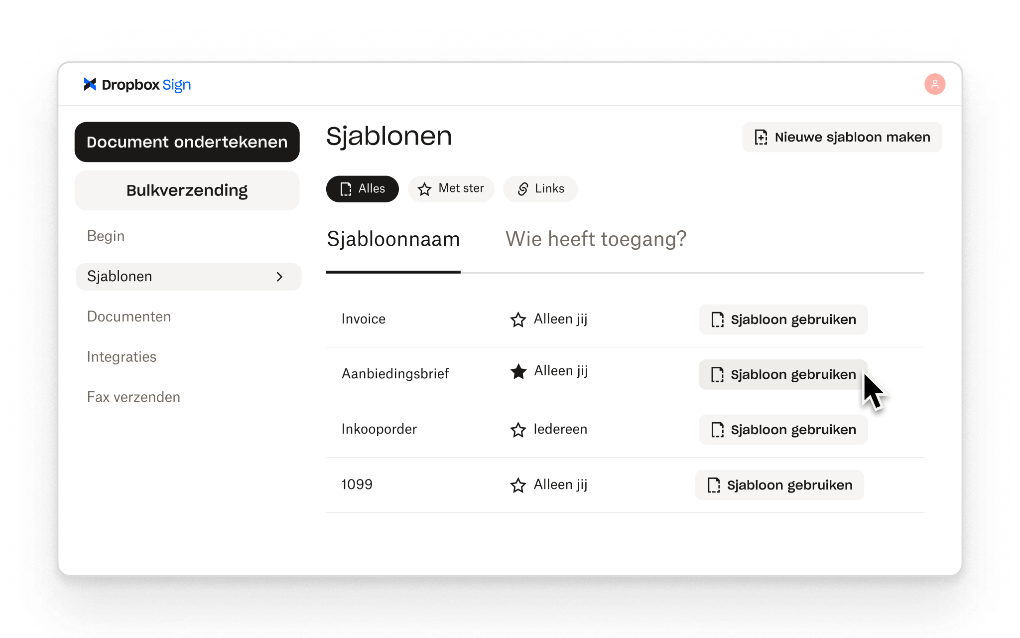 Met Dropbox Sign kunnen gebruikers herbruikbare sjablonen maken voor veelvoorkomende ondertekeningsworkflows, elk met eigen toegangsrechten.