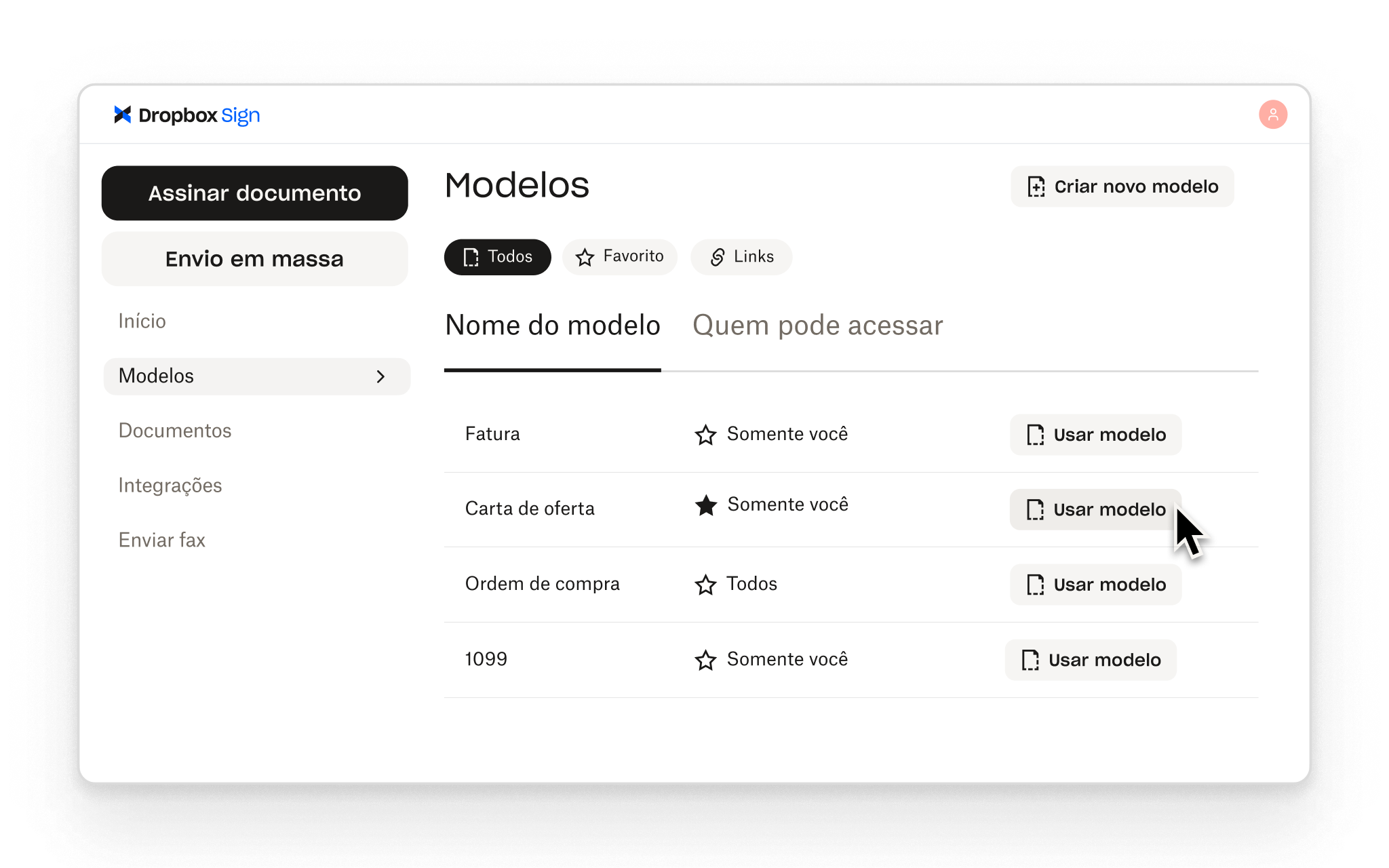 O Dropbox Sign permite que os usuários criem modelos reutilizáveis para fluxos de trabalho de assinatura comuns, com controles de acesso para cada um.