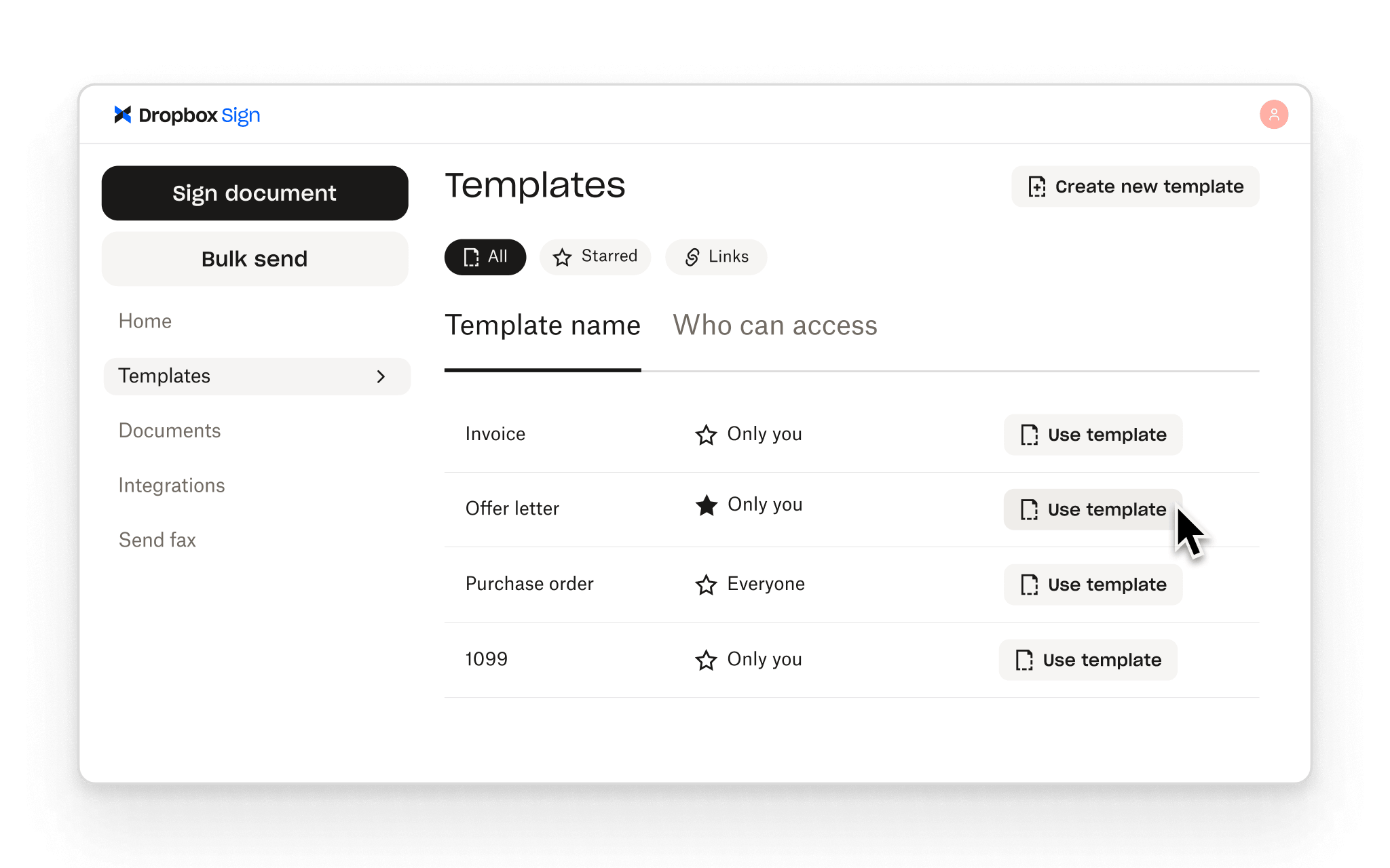 Dropbox Sign lets users create reusable templates for common signature workflows, with access controls for each.