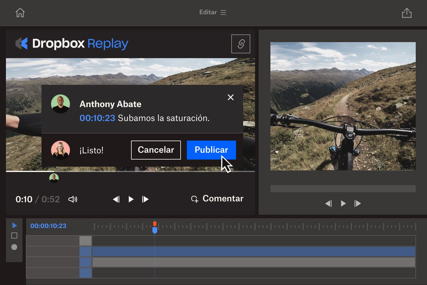 Captura de pantalla de un profesional creativo que hace comentarios sobre un vídeo en Dropbox Replay.