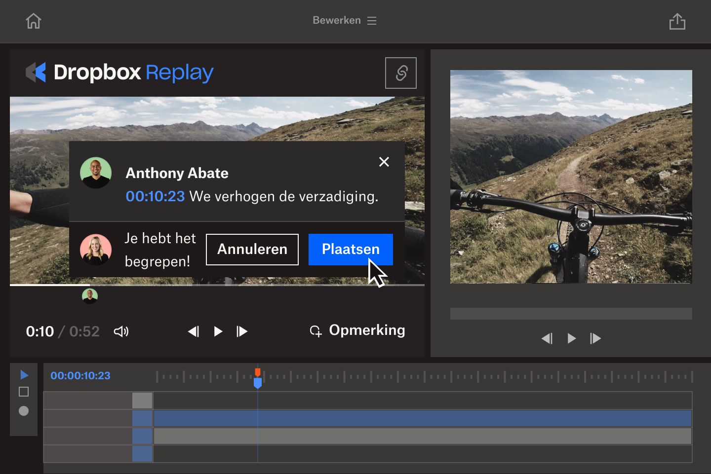 Een schermopname van een creatieve professional die feedback over een video deelt op Dropbox Replay.