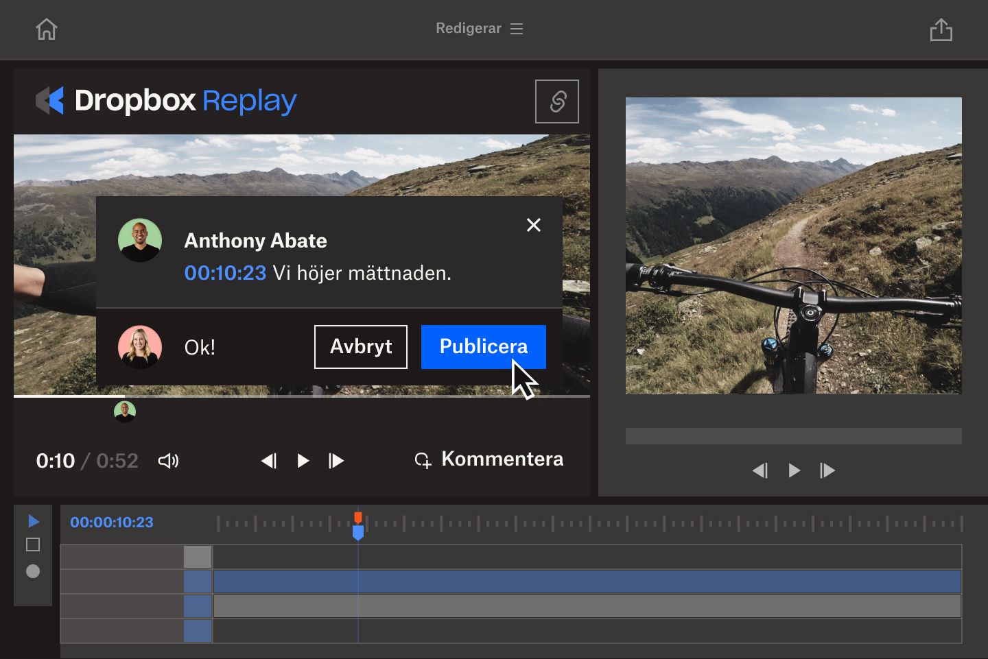 En skärmbild av en kreativ medarbetare som ger feedback på en video i Dropbox Replay.
