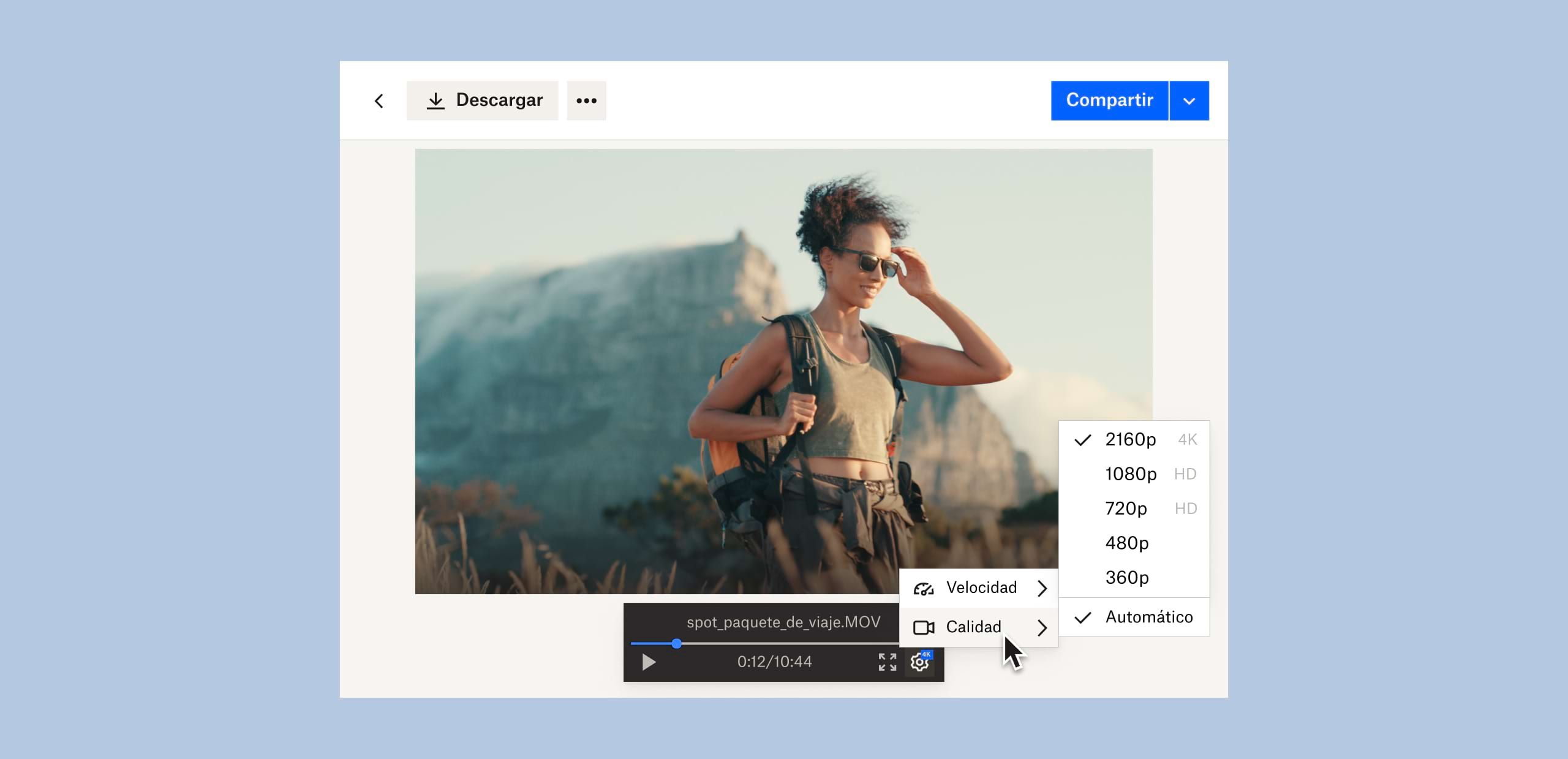 Un usuario cambiando la calidad de imagen de un archivo de video guardado en Dropbox