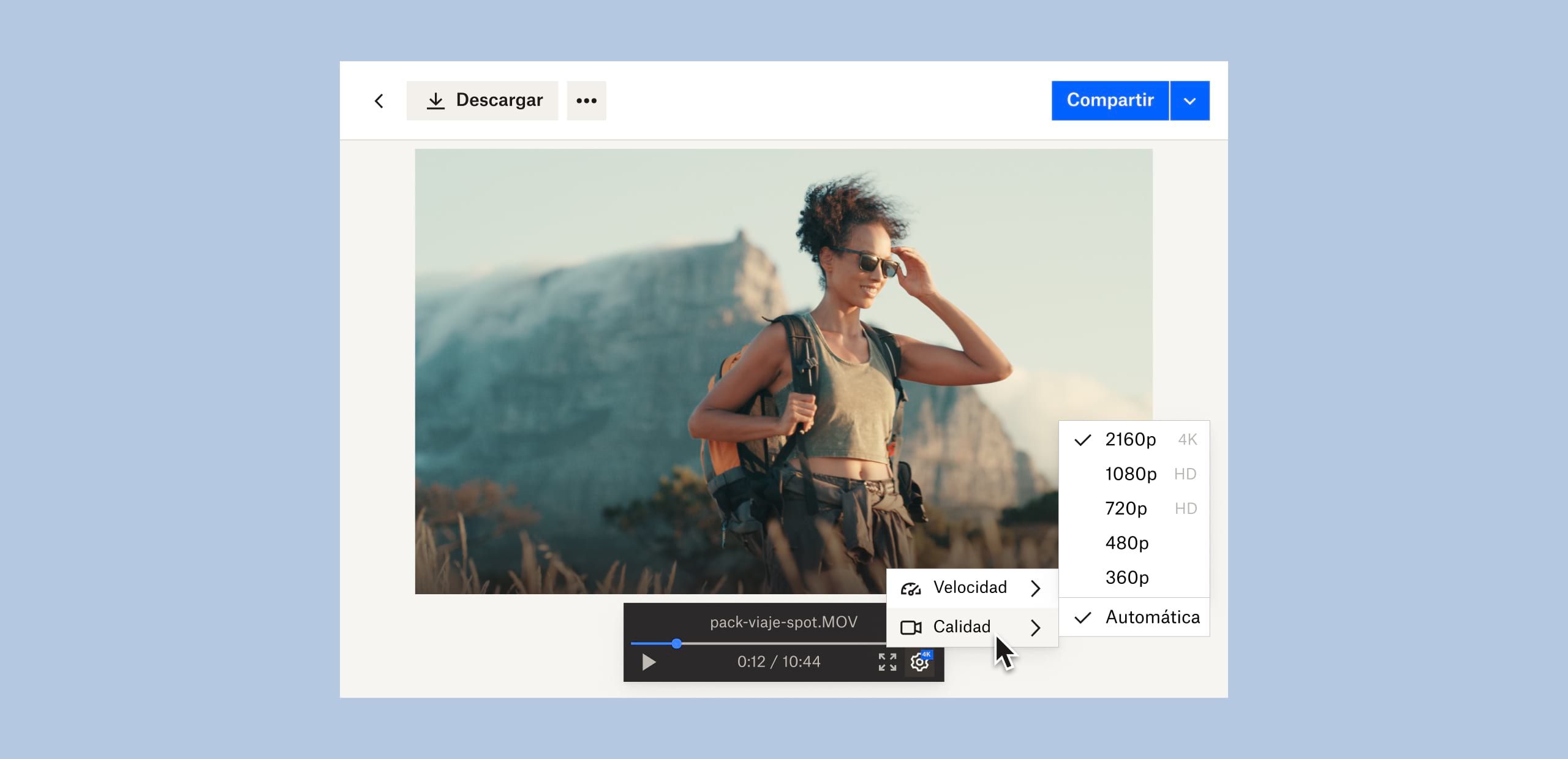 Un usuario cambiando la calidad de imagen de un archivo de vídeo que está guardado en Dropbox