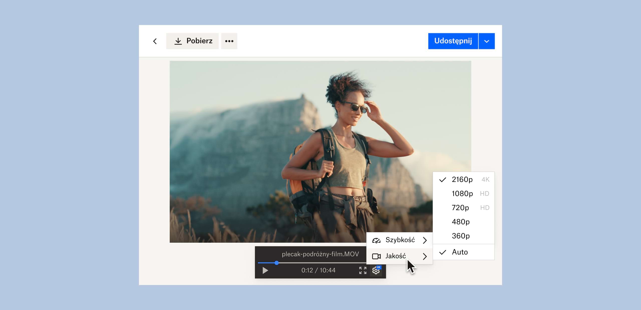 Użytkownik zmieniający jakość obrazu w pliku wideo zapisanym w Dropbox