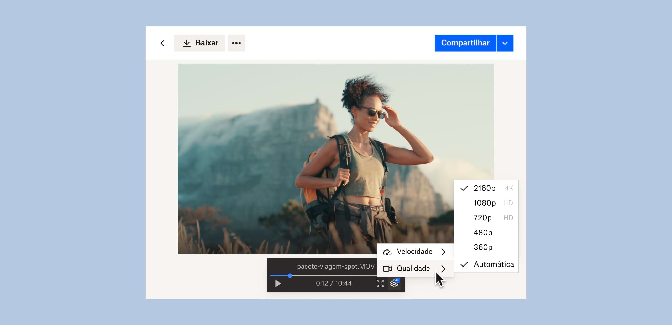 Usuário mudando a qualidade de imagem de um arquivo de vídeo salvo no Dropbox