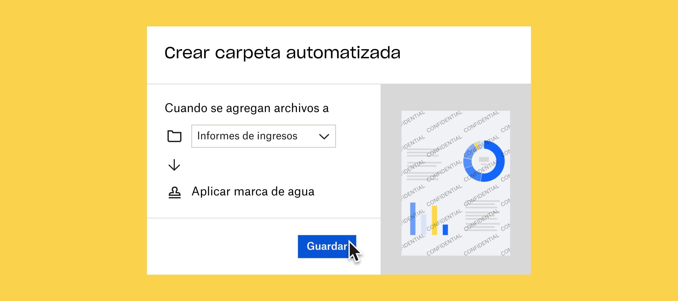 Un usuario haciendo clic en un botón azul “Guardar” para aplicar automáticamente una marca de agua a cualquier documento agregado a la carpeta “informes de ingresos”
