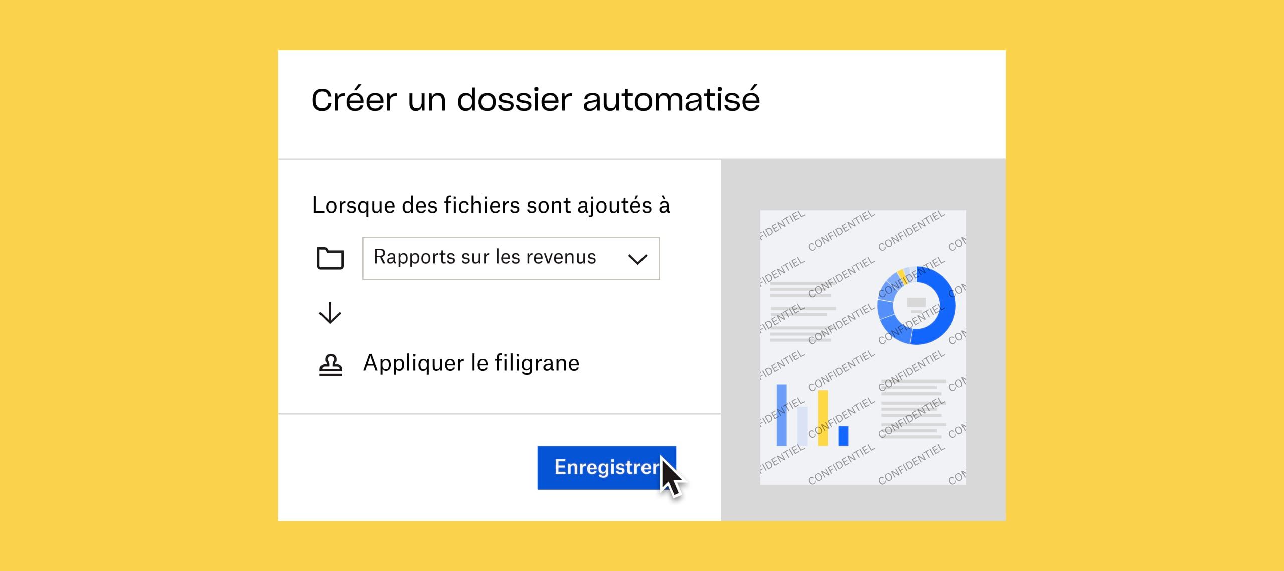 Utilisateur cliquant sur un bouton bleu “Enregistrer” pour appliquer automatiquement un filigrane à tous les documents ajoutés au dossier “Rapports de revenus”