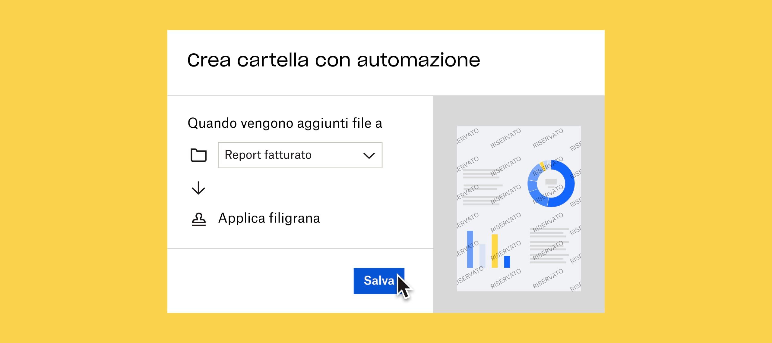 Un utente mentre fa clic su un pulsante blu "Salva" per applicare automaticamente una filigrana ai documenti aggiunti alla cartella "rapporti ricavi"