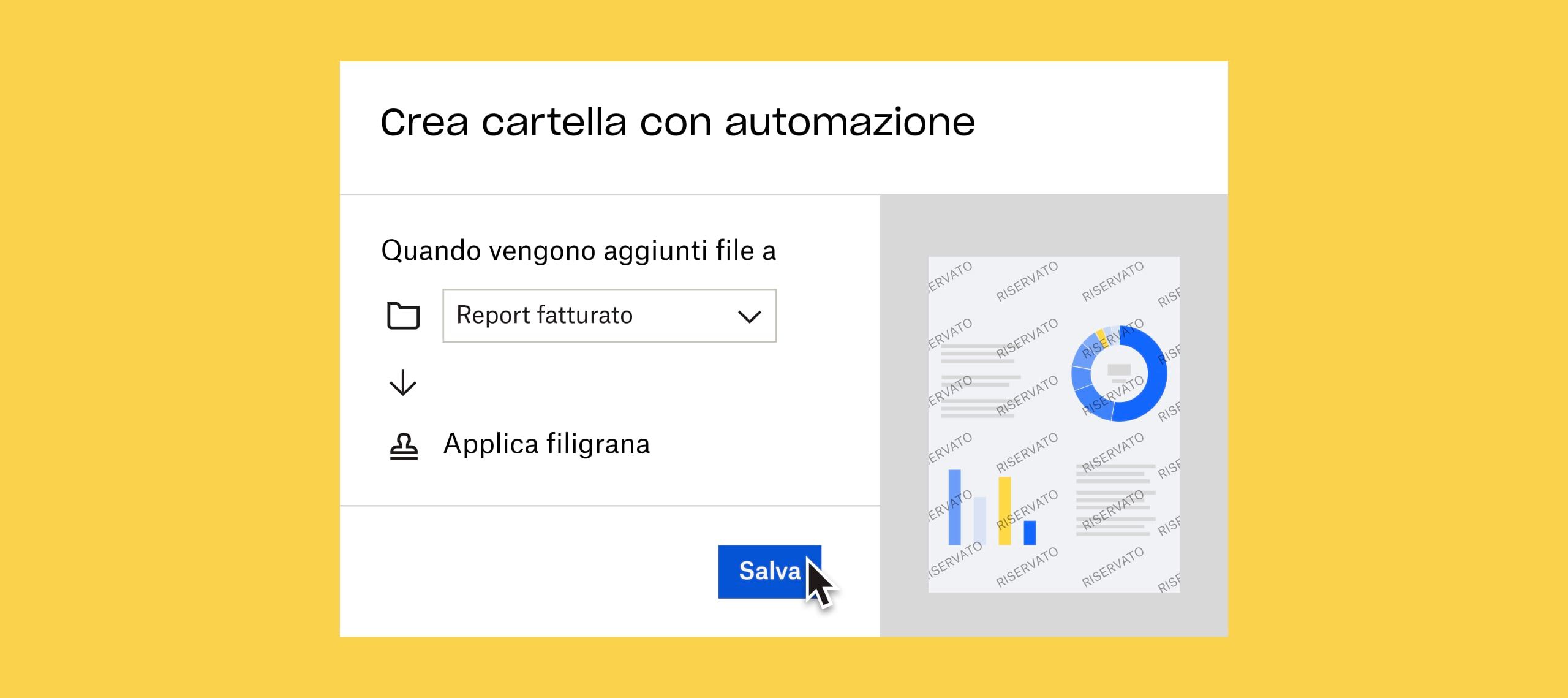 Un utente mentre fa clic su un pulsante blu &quot;Salva&quot; per applicare automaticamente una filigrana ai documenti aggiunti alla cartella &quot;rapporti ricavi&quot;