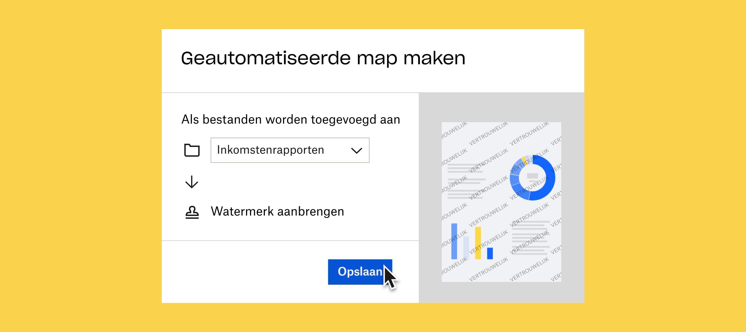 Een gebruiker die op een blauwe knop voor opslaan klikt om automatisch een watermerk toe te voegen aan een document dat aan de map 'inkomstenoverzichten' is toegevoegd
