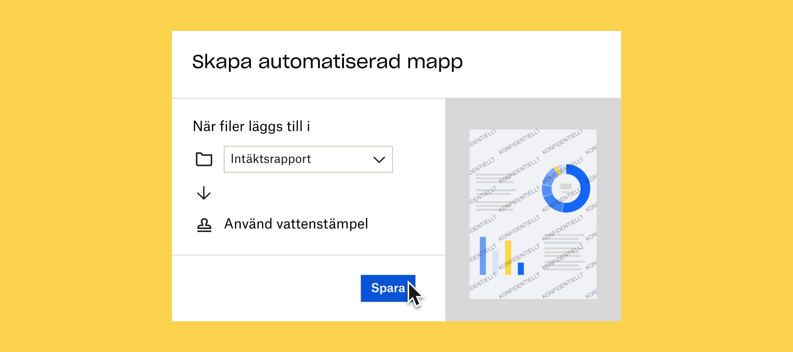 En användare som klickar på en blå ”spara”-knapp för att automatiskt lägga till en vattenstämpel på alla dokument som läggs till i mappen ”intäktsrapporter”